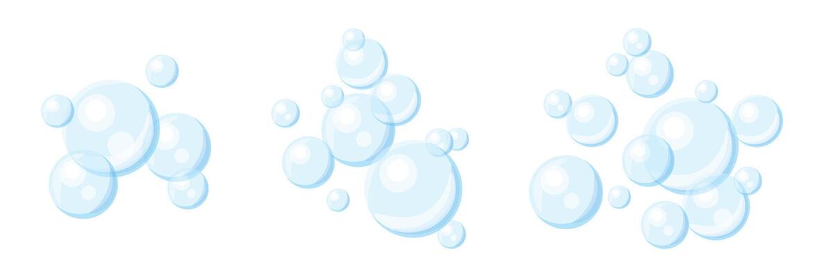 Set of air bubbles in cartoon style. Flat illustration of cute transparent soap bubbles isolated on white background. Blue round bubbles of different sizes, small, medium, large. Foam.