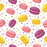 Seamless pattern with yellow,pink and purple macarons with dots isolated on a white background. modern colorful pattern with macarons for packaging, gift wrapping. vector