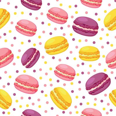 Seamless pattern with yellow,pink and purple macarons with dots isolated on a white background. modern colorful pattern with macarons for packaging, gift wrapping.
