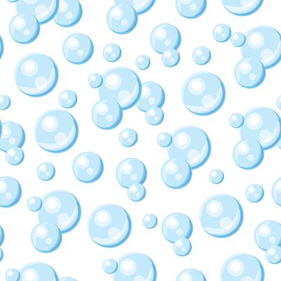 Seamless pattern with blue air bubbles in cartoon style. Flat illustration of a pattern of round soap bubbles of different sizes isolated on a white background. Packaging, wrapping paper.