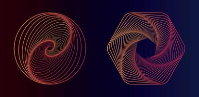 Set of abstract gradient spirals. Illustration of sacred geometry. Twisted colored spirals. Spiral tunnels in the shape of a circle and a hexagon. Wireframe shapes. Design logo. vector