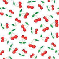 Seamless pattern with fresh cherries in cartoon style. Flat illustration of a pattern with delicious and juicy cherry berries with green leaves isolated on a white background. Sweet cherries. vector