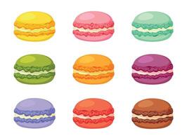 Set of tasty macaroons isolated on a white background. Group of sweet macaroons cookies in different colors. French macaroons cookies. Flat illustration. vector