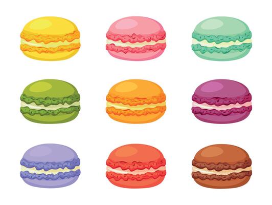 Set of tasty macaroons isolated on a white background. Group of sweet macaroons cookies in different colors. French macaroons cookies. Flat illustration.