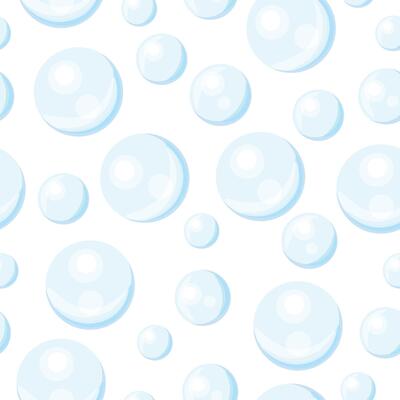 Seamless pattern with air bubbles in cartoon style. Flat illustration of blue soap bubbles of big and small sizes isolated on white background. Foam. Packaging, wrapping paper. Wallpaper.