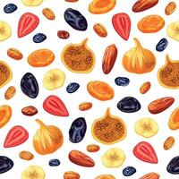 Seamless pattern with dried fruits isolated on white background. Iillustration of dried fruits raisins, strawberries, figs, prunes, banana, dates, dried apricots. vector