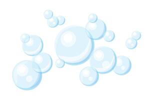 Air bubbles in cartoon style. Flat illustration of beautiful and transparent soap bubbles isolated on white background. Blue round bubbles of different sizes. Foam. vector