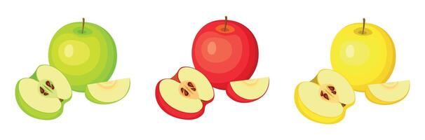Set of green, red and yellow apples isolated on white background. Group of whole and halves and pieces of apples. vector