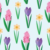 Seamless pattern with narcissus, crocus and hyacinth flowers isolated on blue background. Illustration of a pattern for textile design, wrapping gift paper. vector