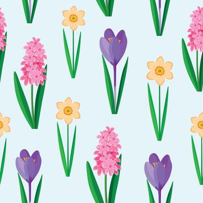 Seamless pattern with narcissus, crocus and hyacinth flowers isolated on blue background. Illustration of a pattern for textile design, wrapping gift paper.