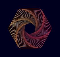 Abstract gradient spirals isolated on dark background. Sacred geometry. Twisted colored spirals. Spiral tunnels in the shape of a hexagon. Wireframe shape. Design logo. vector