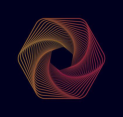 Abstract gradient spirals isolated on dark background. Sacred geometry. Twisted colored spirals. Spiral tunnels in the shape of a hexagon. Wireframe shape. Design logo.