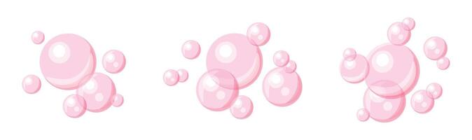 Set of pink soap bubbles in cartoon style. Flat illustration of cute transparent air bubbles isolated on white background. Pink soap bubbles of different sizes, large, medium, small.Foam. vector