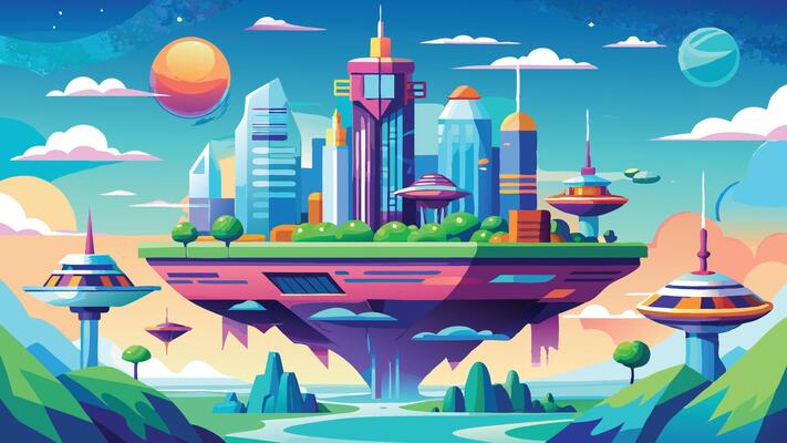 Futuristic Floating City Island Vibrant Cartoon Illustration of a Modern Sci Fi Metropolis