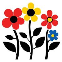 Abstract flowers in the style of Henri Matisse, with a red, green, blue, yellow, and black and white background. Simple shapes, flat design, no shading or detail, 2D art vector