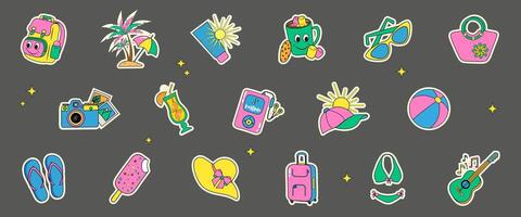 Cartoon set of summer beach fun bright colored stickers , illustration in y2k retro style, icons for stickers in retro style for summer holidays and parties vector