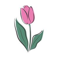 Illustration of a tulip in line art style. Stylized tulip. Color spots. one line flower illustration, minimalistic illustration, black linear sketch, batan icon. emblem, logo, icon vector