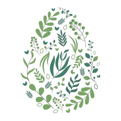 Easter Patterned Egg with Plants. Happy Spring Holiday Egg for Banner, Poster, Greeting Card Background. Modern Easter Design with Egg, Plants. Cute Easter Elements. Creative Spring Pattern.