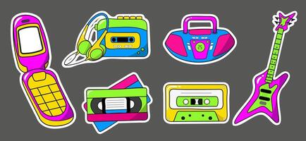 Bright Retro set of music stickers, badges, in 80s - 90s comic style, musical instruments, symbols and objects in cartoon style, set of trendy retro stickers in hipster style. Ilustrations in y2k vector