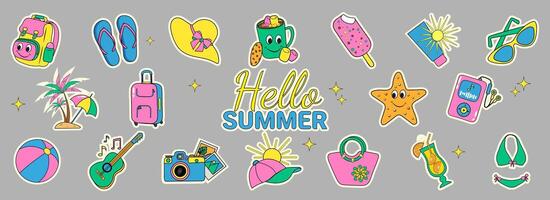Set Summer Beach Fun Bright Stickers with Hello Summer Inscription, Illustration Y2k Retro Style, Icons for Stickers in Retro Style for Summer Holidays and Parties vector