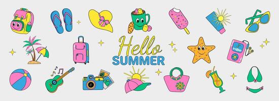 Set of summer beach fun bright colored elements with hello summer lettering, illustration in y2k retro style, retro style sticker icons for summer holidays and parties vector
