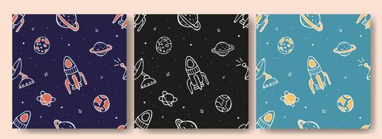 Space Pattern Set with Doodle or Hand Drawn Icons. Background with Planet, Space, Cosmos, Star, Comet, Rocket for Fabrics, Textiles. Illustration Print of Galaxy. Background Kids Spase Print. vector