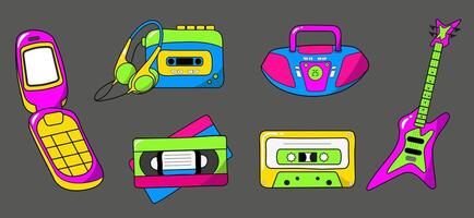 Colorful set of music stickers, badges, in 80s - 90s comic style, musical instruments, symbols and objects in cartoon style, set of trendy retro stickers in hipster style. Fashion illustrations in y2k vector