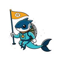 shark astronaut floating in space with flag vector