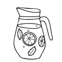 Lemonade Jug. Summer refreshment beverage with Lemon and mint. Hand drawn illustration in Doodle style isolated on a background. For restaurant menus and graphic design projects. vector