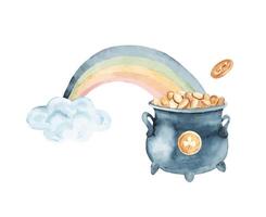 Leprechaun Pot or Cauldron with Gold coins at the end of Rainbow. Hand drawn Watercolor Illustration isolated on a white background. Symbol of Irish St. Patrick Day for greeting cards and invitations. vector