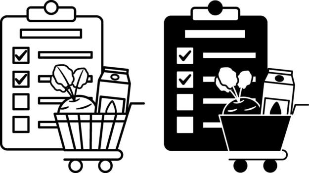 Grocery List Icons. Black and White Illustrations. List with Checkmarks and Cart with Grocery Items. Shopping. Turnip and Milk in Packaging vector