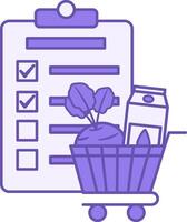 Colored Grocery List Icon. Illustration. List with Checkmarks and Cart with Grocery Items. Shopping. Turnip and Milk in Packaging vector