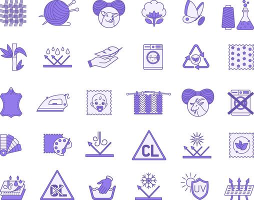 Colored Icons Material Characteristics. Illustrations Textile, Leather, Yarn, Cotton, Silk, Wool, Cashmere, Synthetic Knitted, Bamboo, Waterproof, Breathable, Eco-Friendly, For Kids, and More
