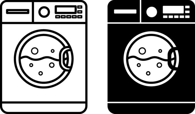 Machine Wash Icons. Black and White Illustration. Washing Clothes in Washing Machine. Sticker, Label. Concept Characteristics of Material