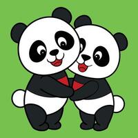 Two panda bears hugging each other on a green background vector