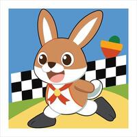 A cartoon rabbit running on a checkered track vector