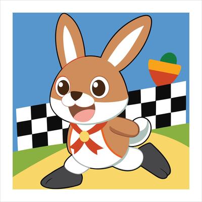 A cartoon rabbit running on a checkered track