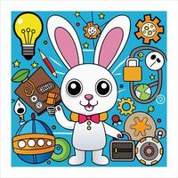 A cartoon rabbit surrounded by various objects vector