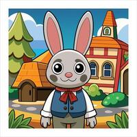 A cartoon rabbit with a hat and vest standing in front of a house vector