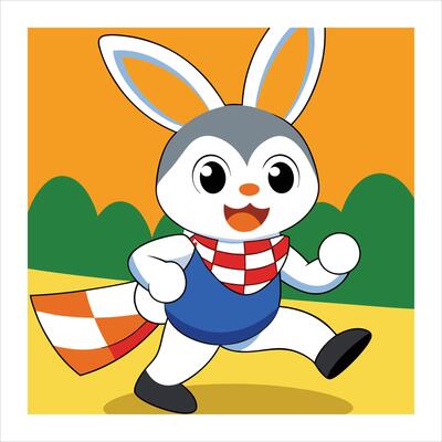 A cartoon bunny running with a checkered scarf
