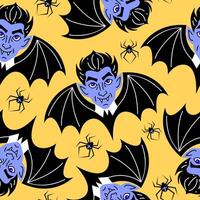 Seamless pattern with vampire with bat wings on yellow background. vector