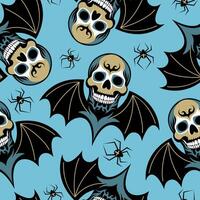 Seamless pattern with skull with bat wings on blue background. vector