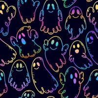 Seamless pattern with cute ridescence ghosts on black background. vector