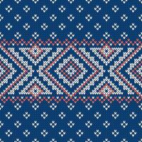 Scandinavian knitted seamless pattern. Norwegian native style sweater, ornament with snowflakes. Fair Isle design. Wool texture. Winter holiday background, blue red vector