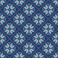 Scandinavian knitted seamless pattern. Norwegian native style sweater with snowflakes. Wool texture. Winter holiday background, blue and red vector