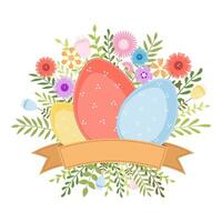 Easter spring background with eggs, ribbon, flowers. Happy Easter vector