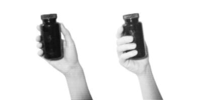 Two hands holding black bottles in halftone effect. Minimalist black and white graphic design for posters and print materials vector