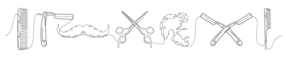 Continuous one line barber shop set vector