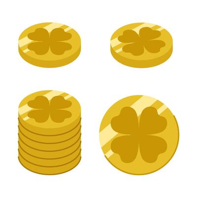 Leprechaun coins with clover icon, stack and single coin. Festive element for St. Patrick's day.