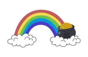 Rainbow with clouds and leprechaun pot full of gold coins. Festive element for St. Patrick's Day. vector